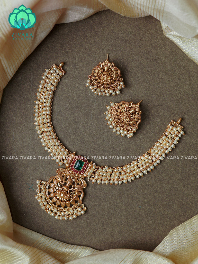 TEMPLE PEARL CLUSTER -Traditional south indian NORMAL MATTE neckwear with earrings- Zivara Fashion- latest jewellery design.