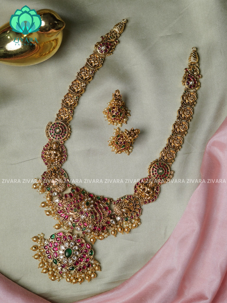 BRIDAL PEACOCK REAL KEMP HAARAM - Traditional premium gold polish long haaram/neckwear with earrings- Zivara Fashion