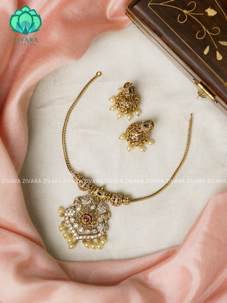 Double peacock-Flexible chain - Traditional south indian premium neckwear with earrings- Zivara Fashion- latest jewellery design