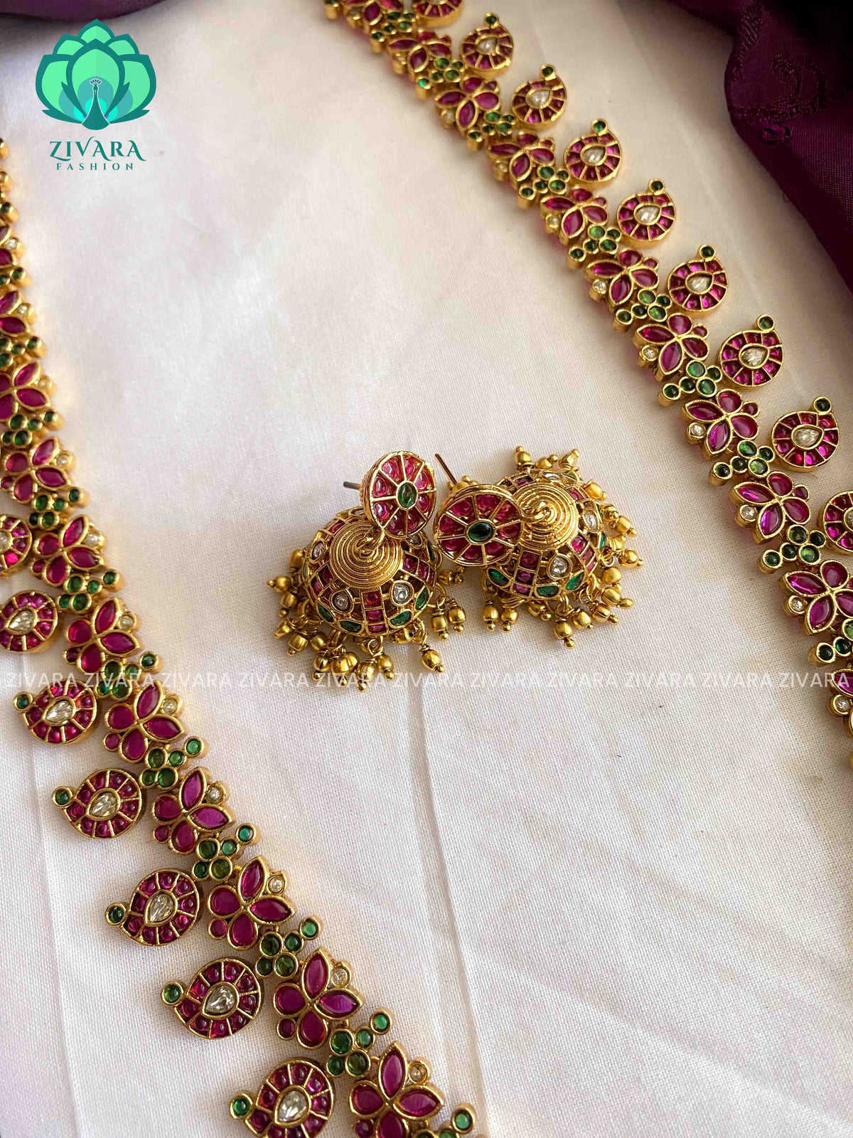 Real kemp bridal long haaram with earrings- Premium quality CZ Matte collection