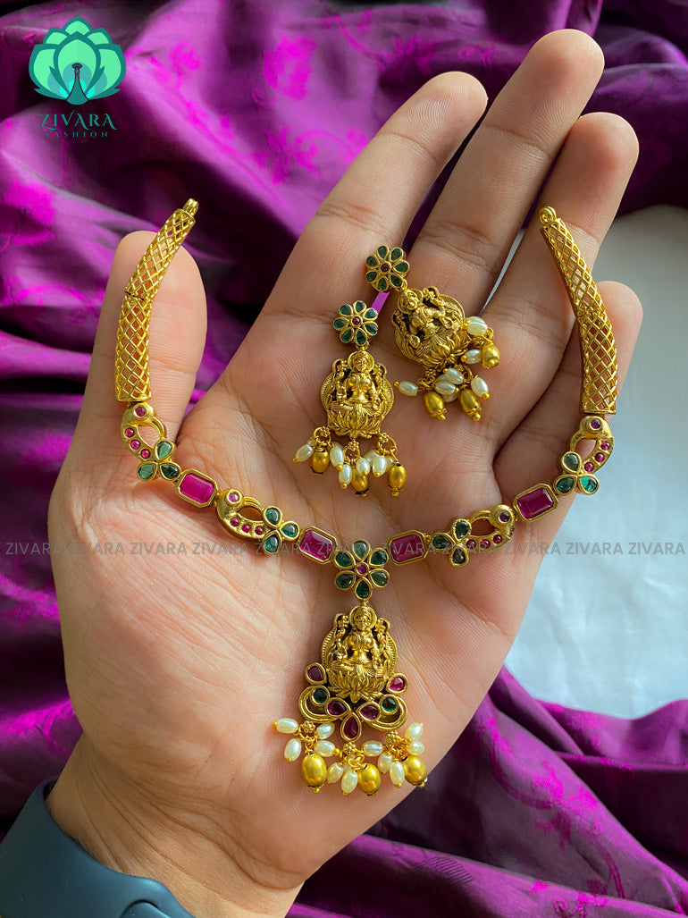 Grand temple stone hasli neckwear with earrings  - CZ matte finish- Zivara Fashion