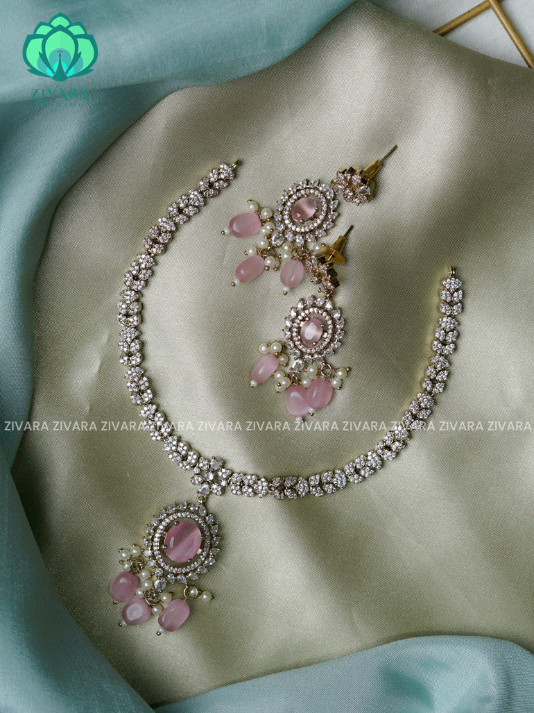 Pastel Pink - Oval stone - Ultra premium victoria finish dark polish trending neckwear collection- bridal collection- Zivara Fashion