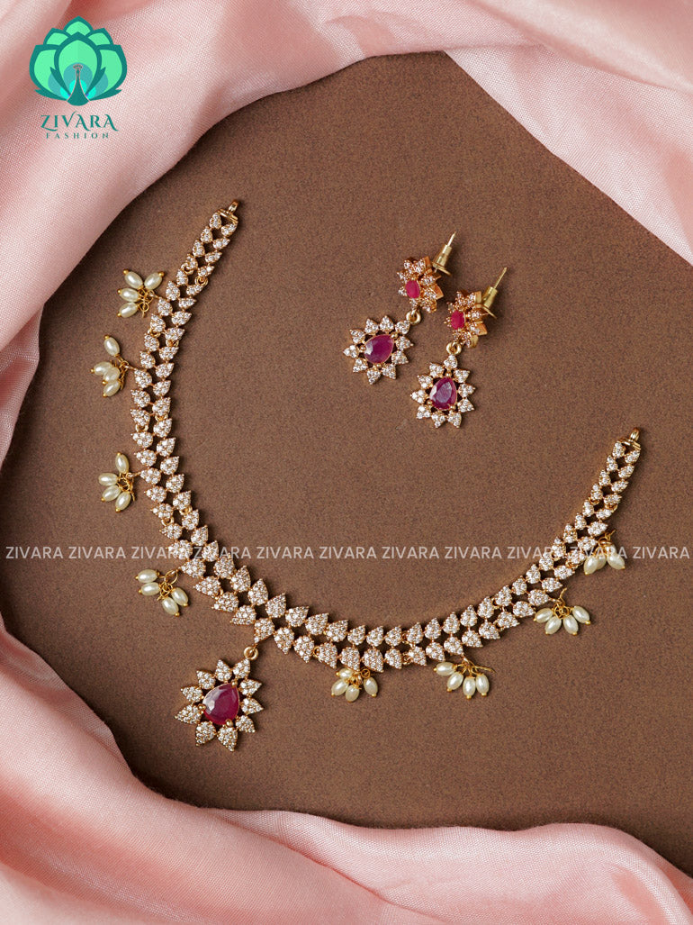 RUBY  FLOWER PENDANT BRIGHT GOLD  - stylish and minimal elegant neckwear with earrings- Zivara Fashion