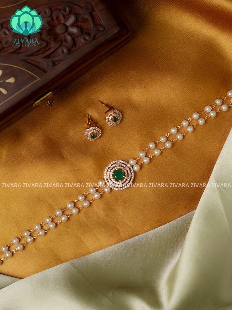 GREEN- circle pendant pearl choker -TRADITIONAL CHOKER COLLECTION WITH EARRINGS- LATEST JEWELLERY COLLECTION