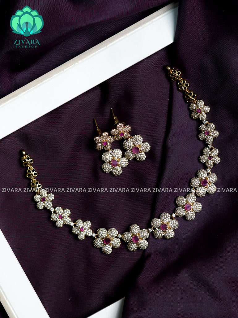 White and red stone flower  - stylish and minimal elegant neckwear with earrings- Zivara Fashion