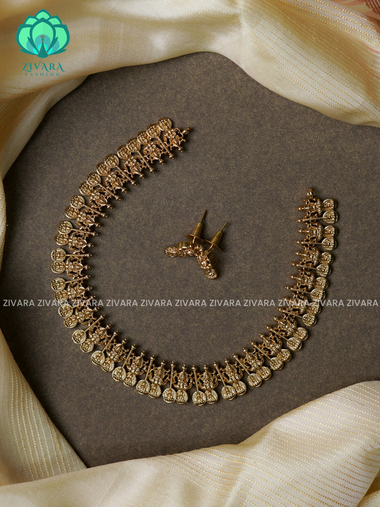 GOLD LOOK ALIKE COIN  -Traditional south indian premium neckwear with earrings- Zivara Fashion- latest jewellery design.