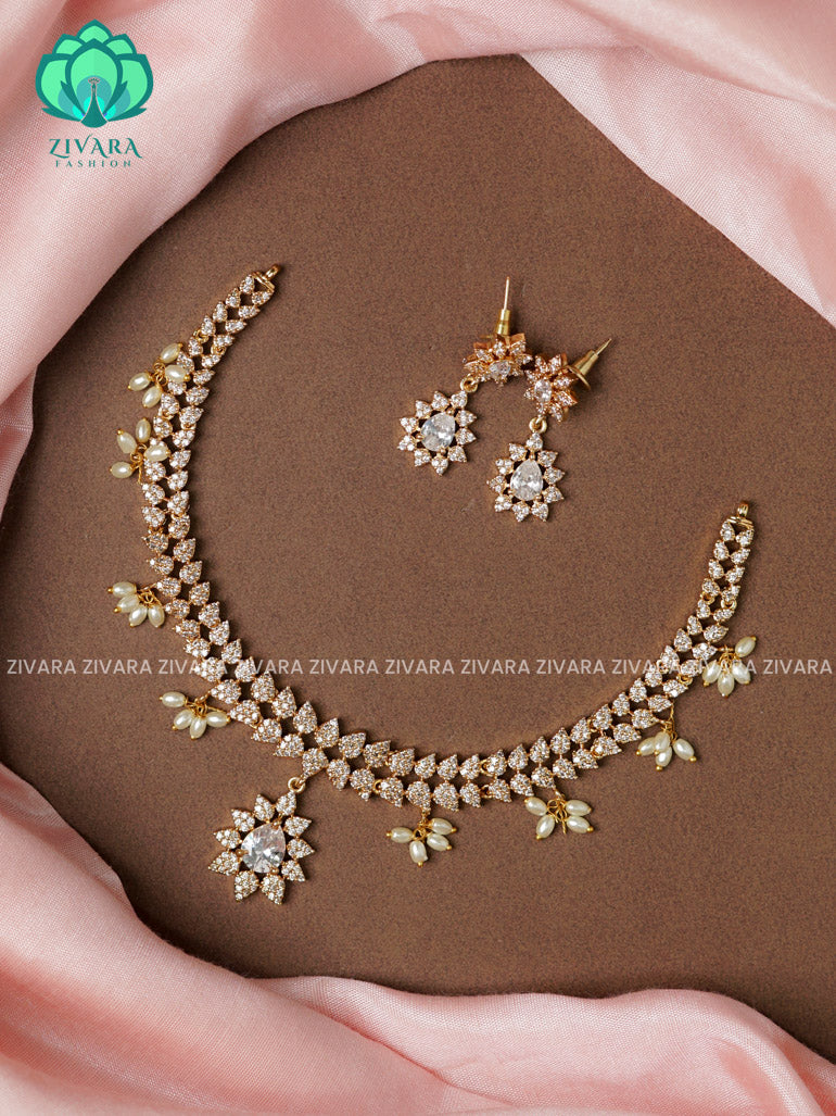 WHITE  FLOWER PENDANT BRIGHT GOLD  - stylish and minimal elegant neckwear with earrings- Zivara Fashion