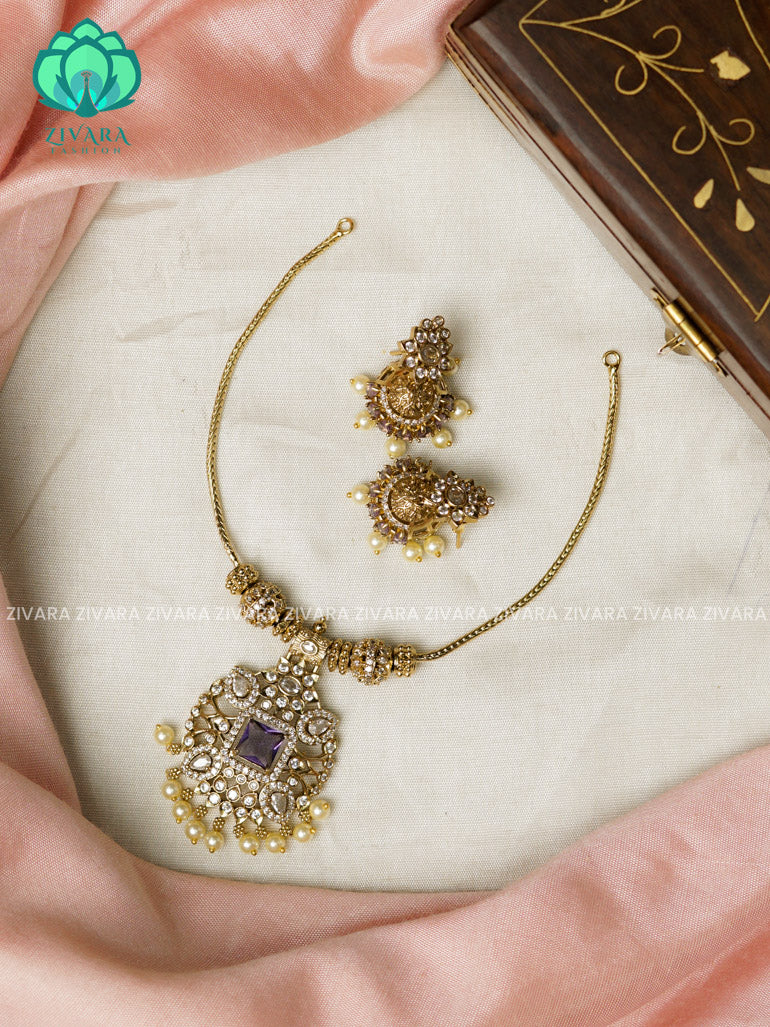 Purple stone pendant-Flexible chain - Traditional south indian premium neckwear with earrings- Zivara Fashion- latest jewellery design