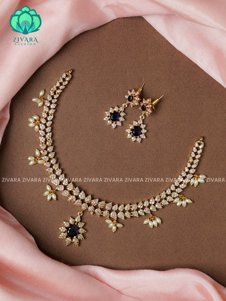 DARK BLUE  FLOWER PENDANT BRIGHT GOLD  - stylish and minimal elegant neckwear with earrings- Zivara Fashion