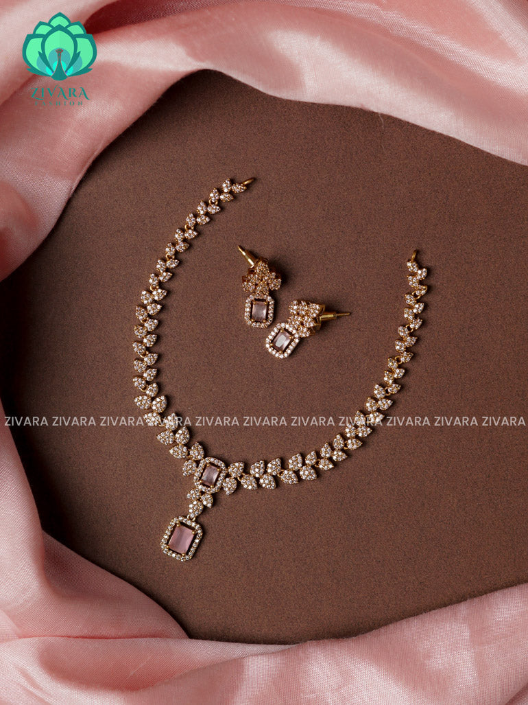 PASTEL PINK  PENDANT -LEAFY  - stylish and minimal elegant neckwear with earrings- Zivara Fashion