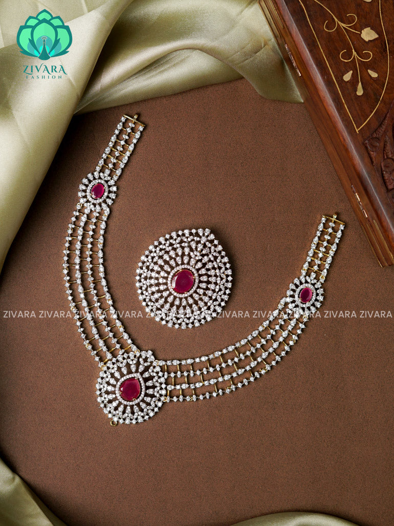 Ruby Grand bridal with detachable pendant -Traditional south indian premium neckwear with earringsand tikka - Zivara Fashion- latest jewellery design.