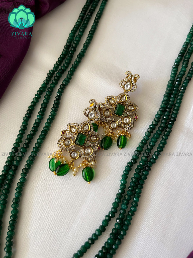 Victorian finish GREEN beads long haaram with stones- Premium quality CZ Matte collection