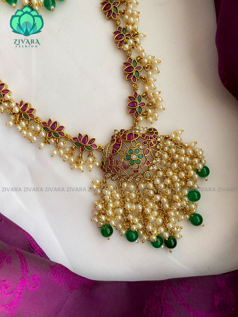 Brilliant finish lotus bridal Haaram with earrings- CZ Matte Finish- Zivara Fashion