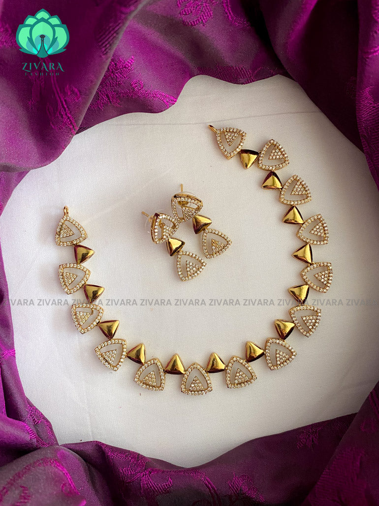 Beautiful WHITE STONE triangle elegant neckwear with earrings - latest jewellery designs- Zivara Fashion