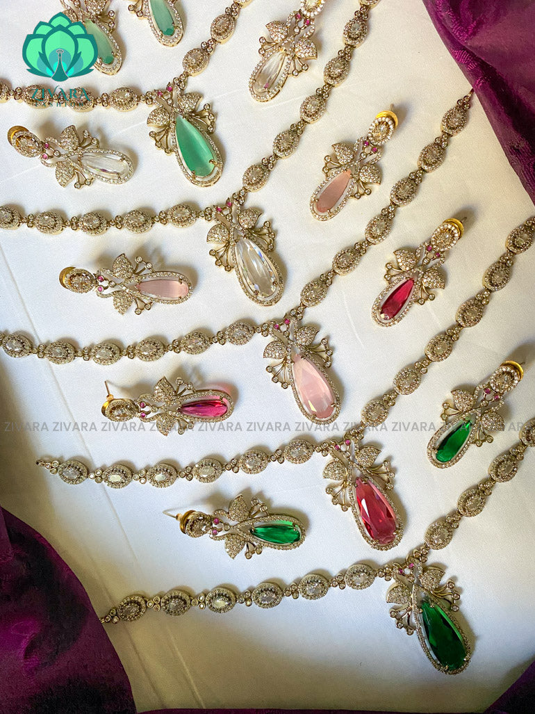 Victoria finish colourful pendant elegant necklace with earrings CZ matte Finish- Zivara Fashion