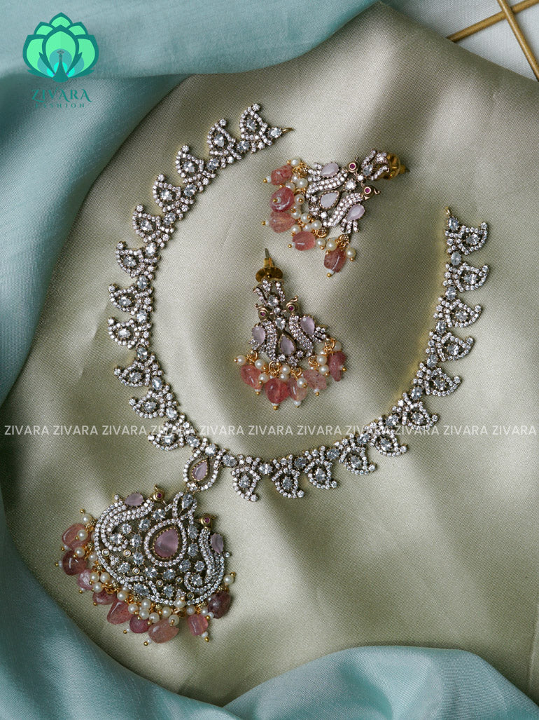 Pastel pink - peacock - Ultra premium victoria finish dark polish trending neckwear collection- bridal collection- Zivara Fashion