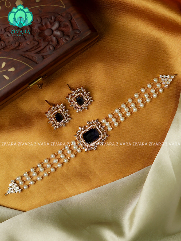DARK BLUE - RECTANGLE pendant pearl choker -TRADITIONAL CHOKER COLLECTION WITH EARRINGS- LATEST JEWELLERY COLLECTION