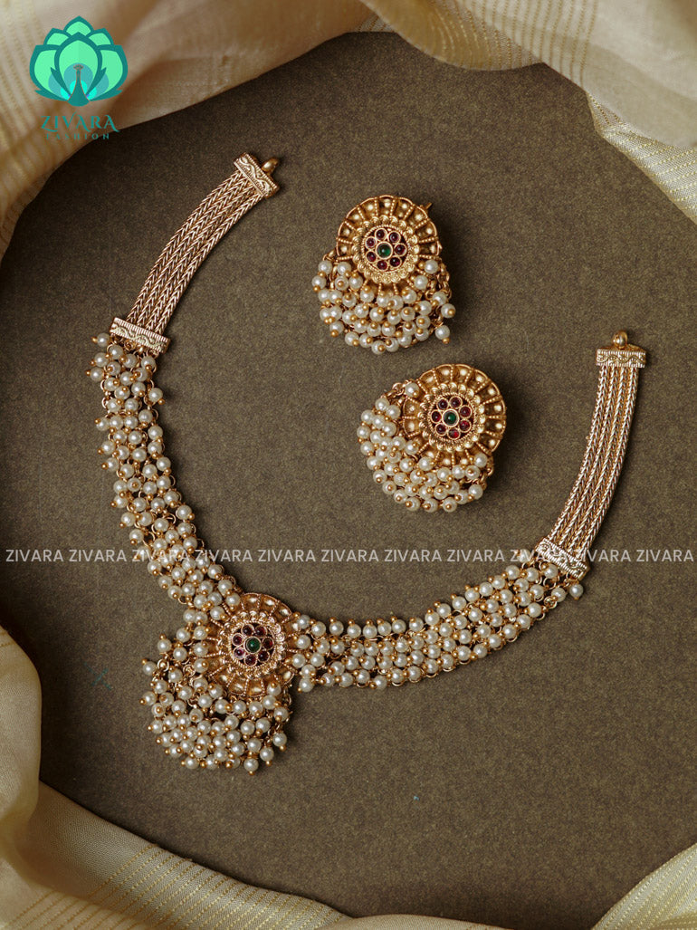 PEARL CLUSTER -Traditional south indian NORMAL MATTE neckwear with earrings- Zivara Fashion- latest jewellery design.