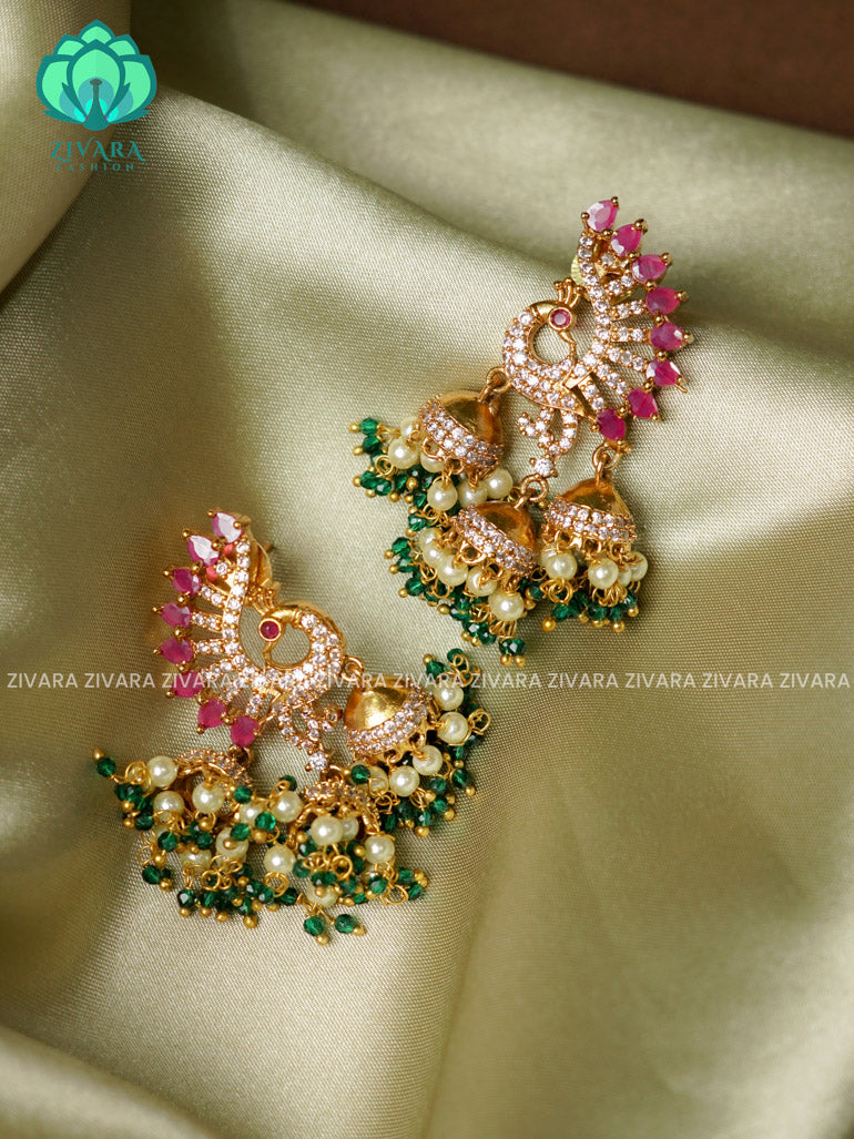 Ruby and green - peacock with green green beads  - TRADITIONAL PREMIUM MATTE  polish JHUMKA- latest jewellery collection- zivara fashion (Copy)