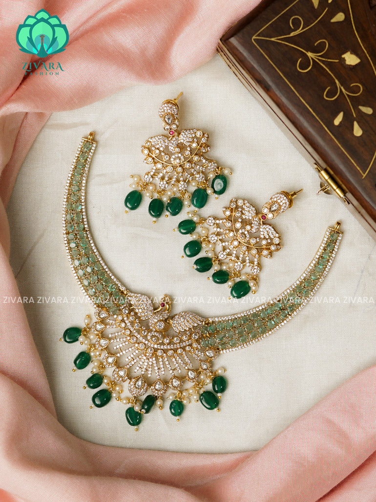 GREEN BRIDAL PEACOCK AD HASLI- Traditional south indian premium neckwear with earrings- Zivara Fashion- latest jewellery design