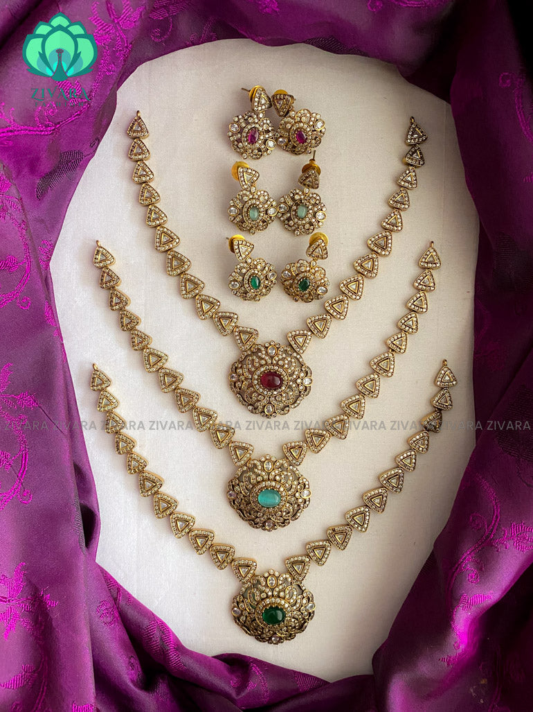 Elegant brilliant Victorian polish finish neckwear with earrings  - Premium quality CZ Matte collection-south indian jewellery