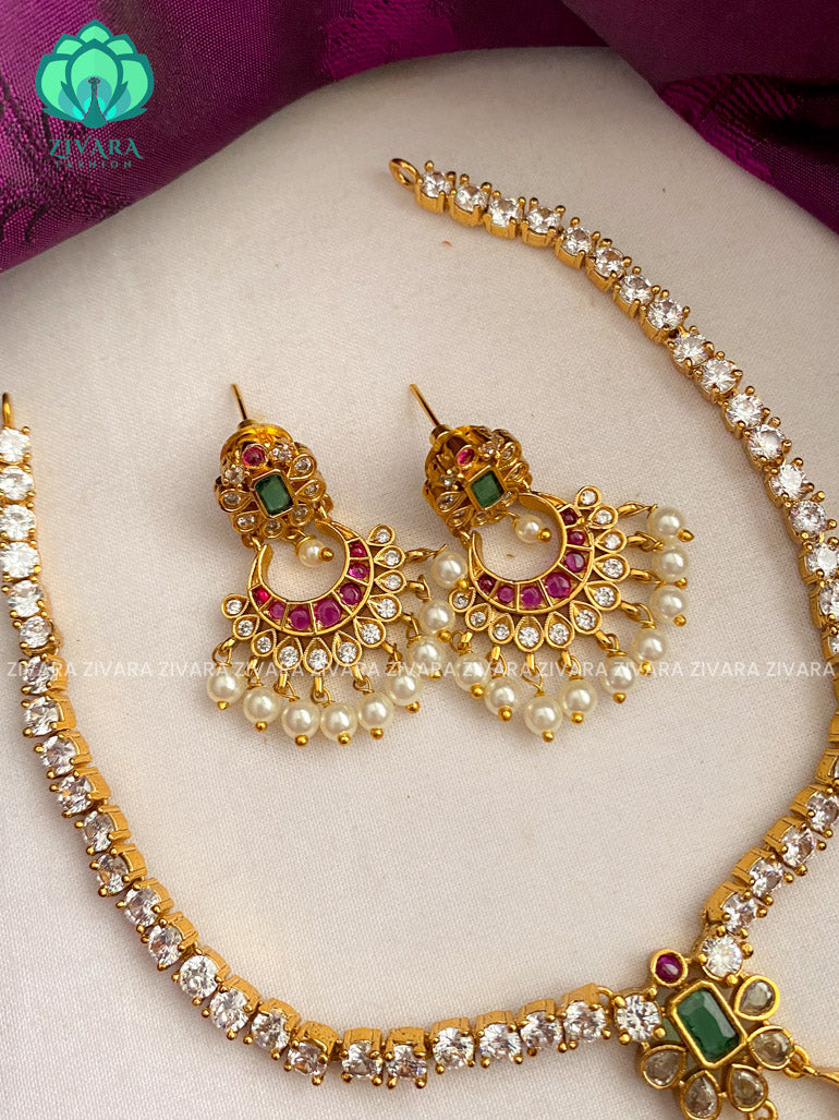 Stone chain pendant neckwear with earrings - latest jewellery designs- Zivara Fashion