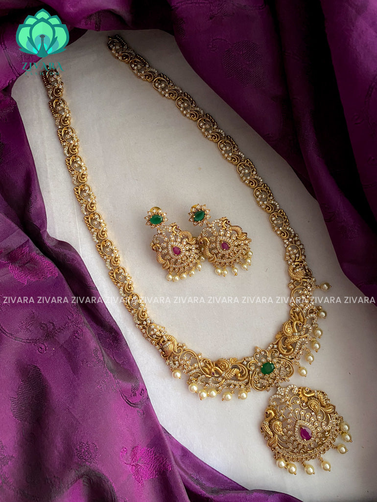 Grand bridal stone Haaram with earrings- CZ Matte Finish- Zivara Fashion