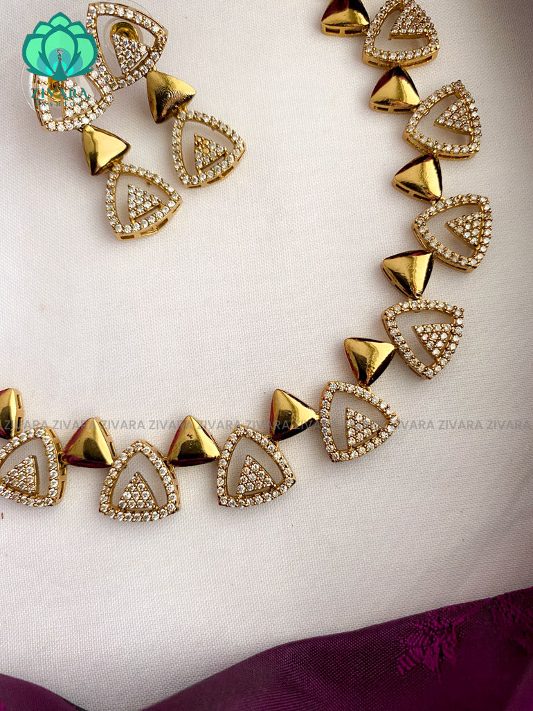 Beautiful WHITE STONE triangle elegant neckwear with earrings - latest jewellery designs- Zivara Fashion