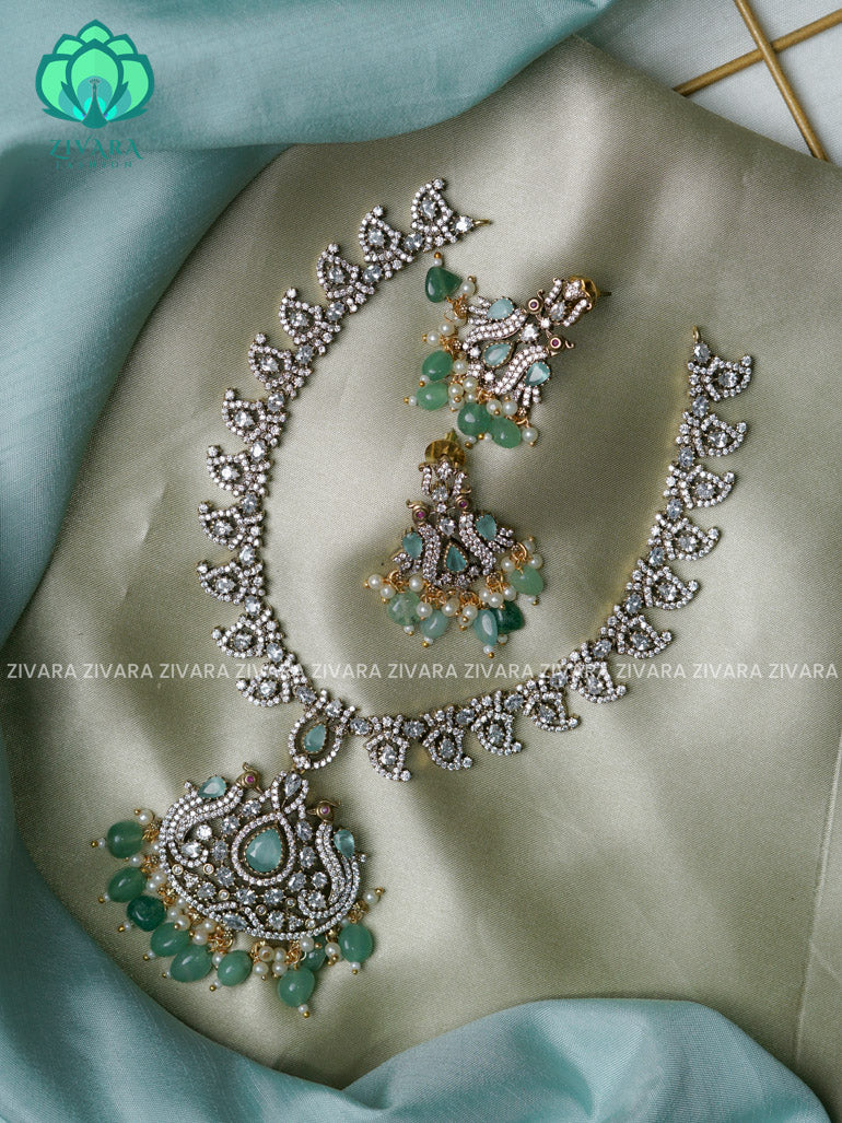 Pastel green - peacock - Ultra premium victoria finish dark polish trending neckwear collection- bridal collection- Zivara Fashion