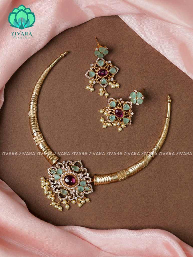 PASTEL GREEN - CUTE HASLI-Traditional south indian premium neckwear with earrings- Zivara Fashion- latest jewellery design.