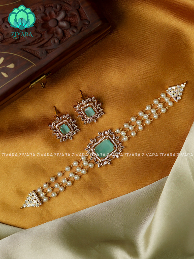 PASTEL GREEN- RECTANGLE pendant pearl choker -TRADITIONAL CHOKER COLLECTION WITH EARRINGS- LATEST JEWELLERY COLLECTION