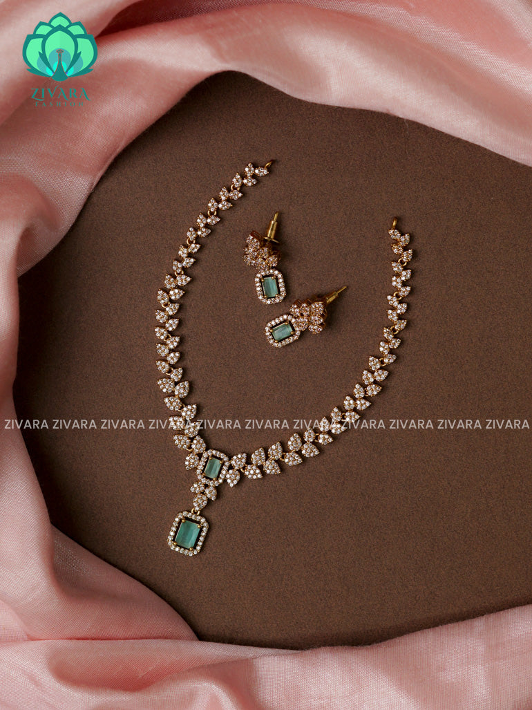 PASTEL GREEN PENDANT -LEAFY  - stylish and minimal elegant neckwear with earrings- Zivara Fashion