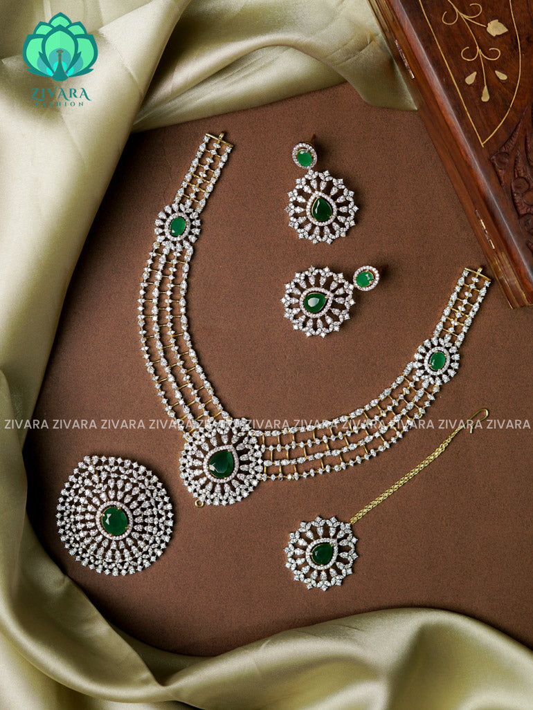 Green  Grand bridal with detachable pendant -Traditional south indian premium neckwear with earringsand tikka - Zivara Fashion- latest jewellery design.