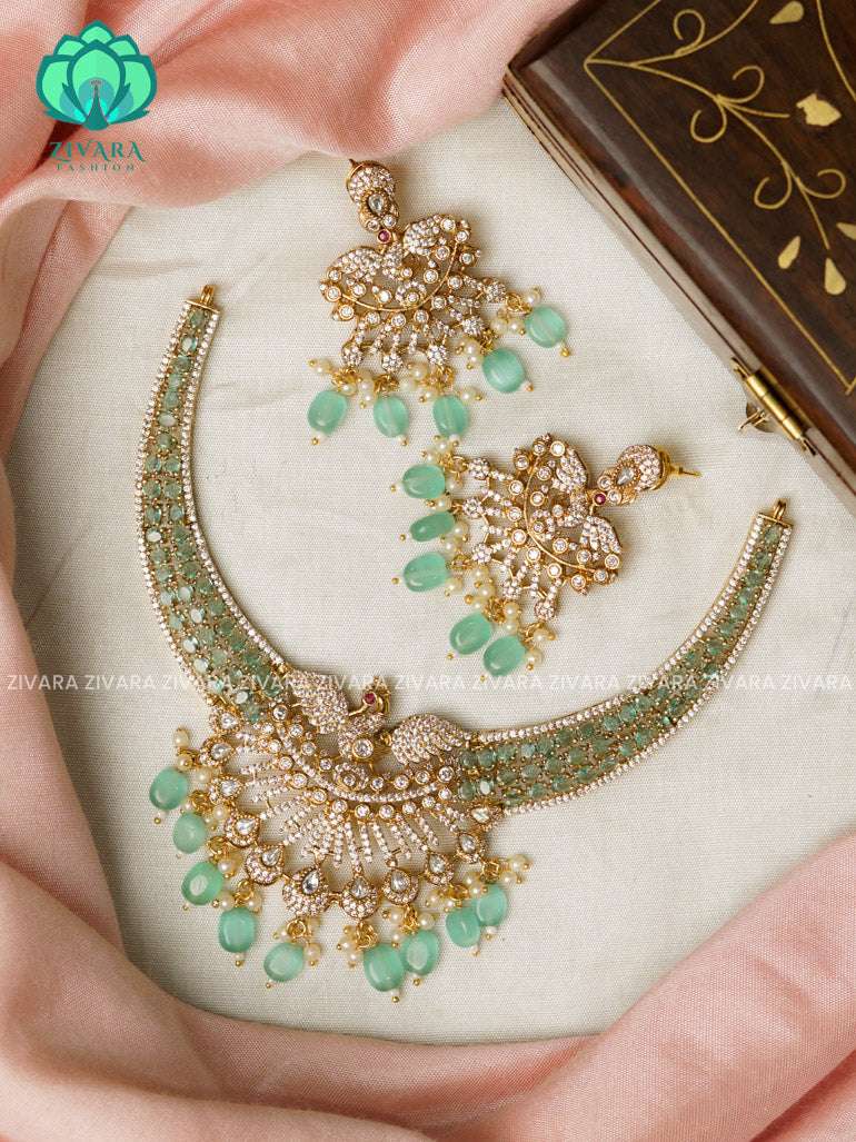 PASTEL GREEN BRIDAL PEACOCK AD HASLI- Traditional south indian premium neckwear with earrings- Zivara Fashion- latest jewellery design