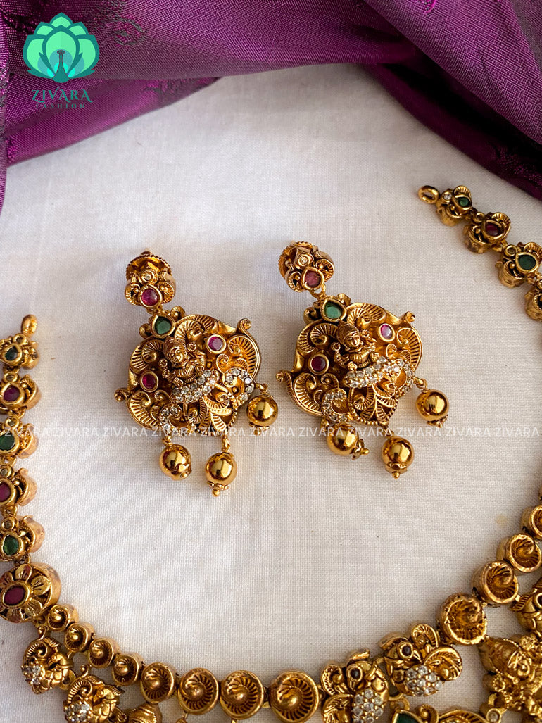 BEAUTIFUL VINTAGE FINISH TEMPLE BEADS PENDANT NECKWEAR WITH EARRINGS   - Premium quality CZ Matte collection-south indian jewellery