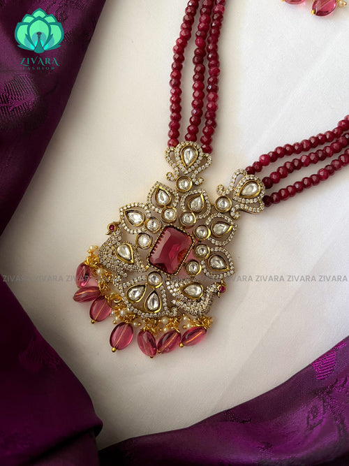 Victorian finish RUBY beads long haaram with stones- Premium quality CZ Matte collection