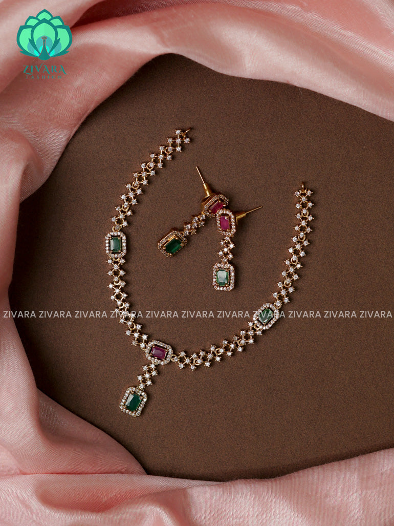 RUBY AND GREEN - DIAMOND LOOK ALIKE  - stylish and minimal elegant neckwear with earrings- Zivara Fashion