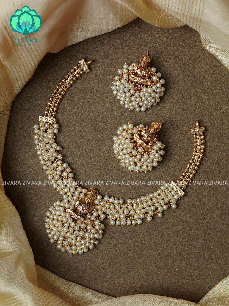 TEMPLE PEARL CLUSTER -Traditional south indian NORMAL MATTE neckwear with earrings- Zivara Fashion- latest jewellery design.