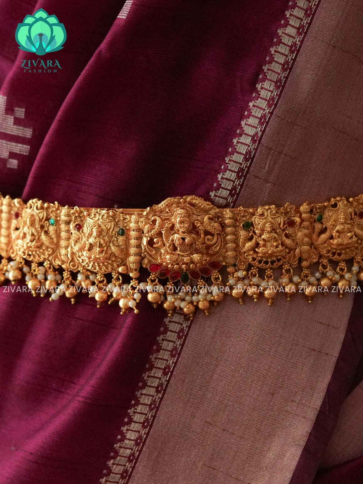 GOLD BALLS WITH PEARLS - DHRUVA- MATTE TEMPLE STYLE (31 TO 38 INCHES  ) Latest South indian budget friendly hipbelt collection- Zivara Fashion