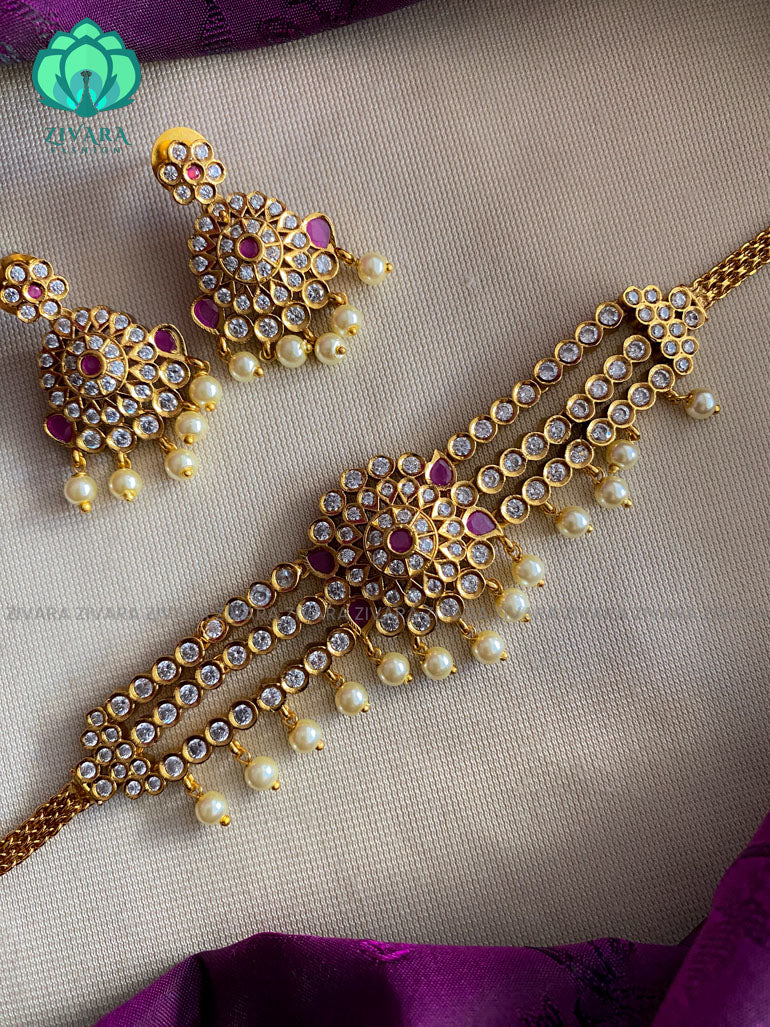 white stone  choker with earrings - Bridal  jewellery with earrings-indian bridal jewellery