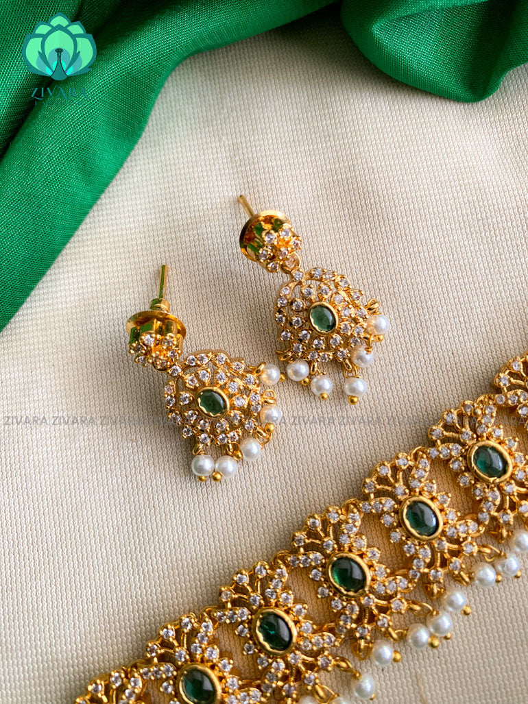 Hotselling motif free green stone choker with earrings - CZ matte finish- Zivara Fashion-ruby and green green beads