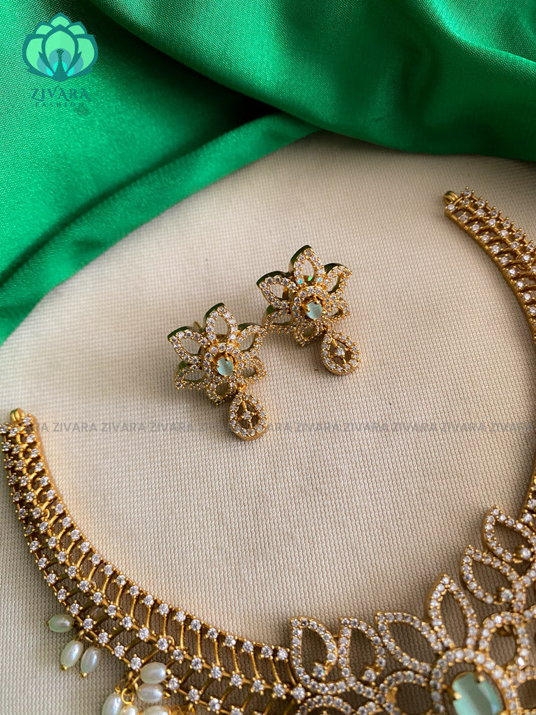 Pastel green Elegant ad stone  floral Neckwear with earrings- CZ Matte Finish- Zivara Fashion