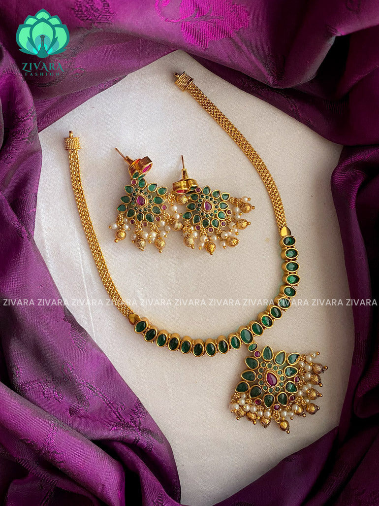Green stone attigai necklace with earrings CZ matte Finish- Zivara Fashion