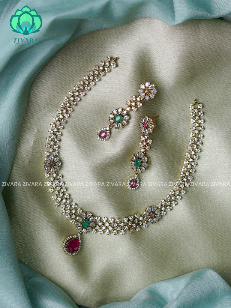 Diamond look alike  - Ultra premium victoria finish dark polish trending neckwear collection- bridal collection- Zivara Fashion