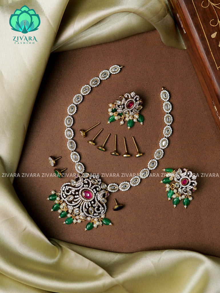 Green beads- Interchangable stone set - Ultra premium victoria finish dark polish trending neckwear collection- bridal collection- Zivara Fashion