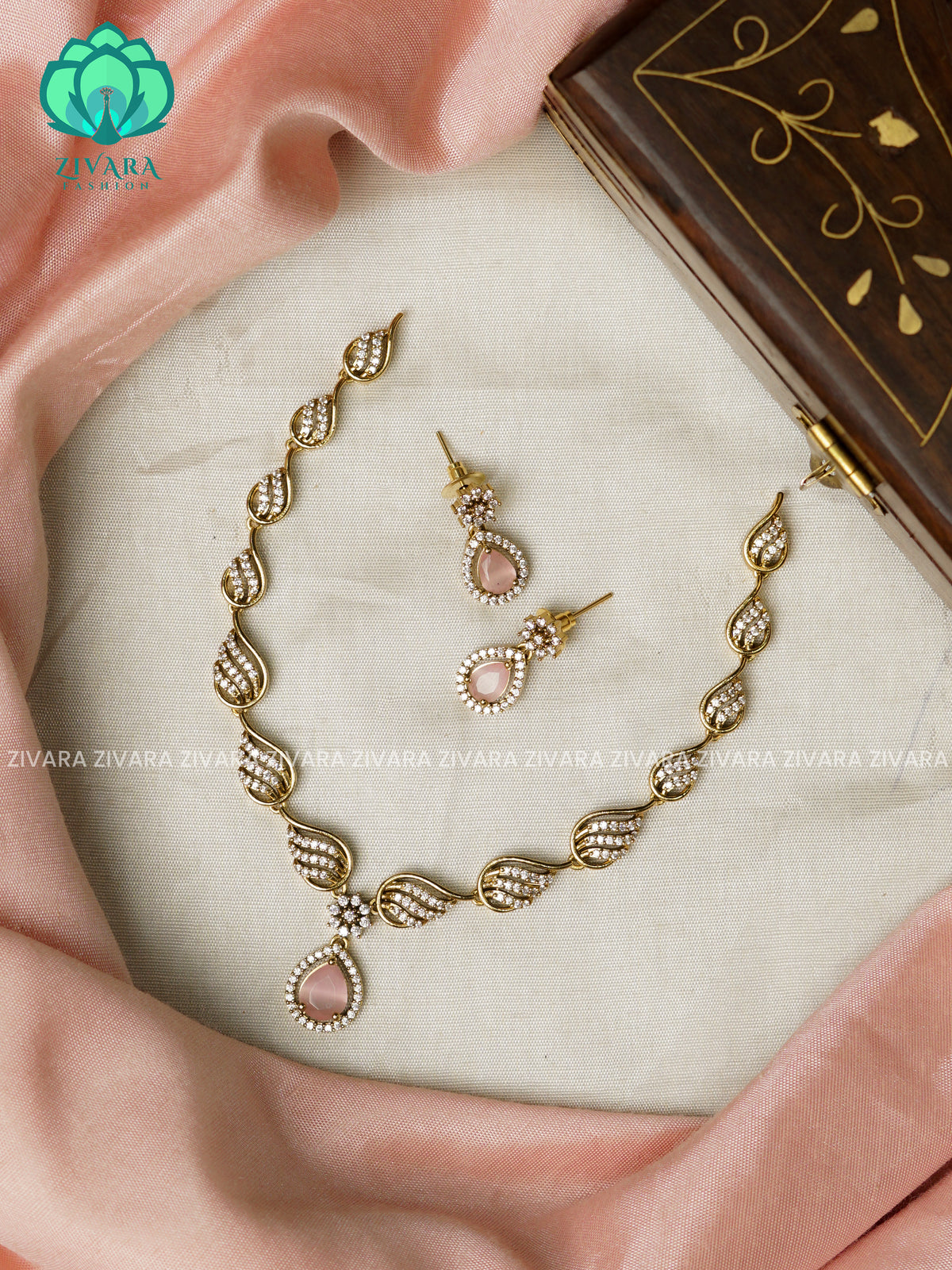 Swirly PASTEL PINK stone pendant  - stylish and minimal elegant neckwear with earrings- Zivara Fashion