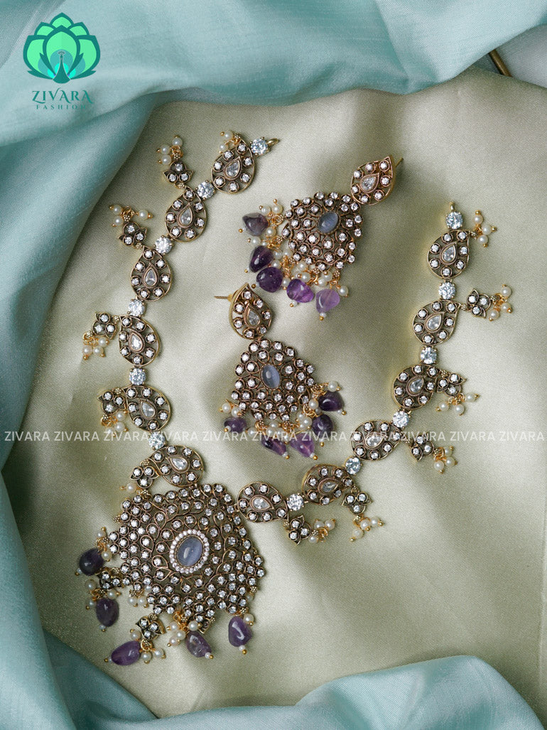 Purple beads - motif free - Ultra premium victoria finish dark polish trending neckwear collection- bridal collection- Zivara Fashion