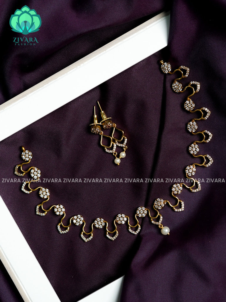 White Stone u type flower   - stylish and minimal elegant neckwear with earrings- Zivara Fashion