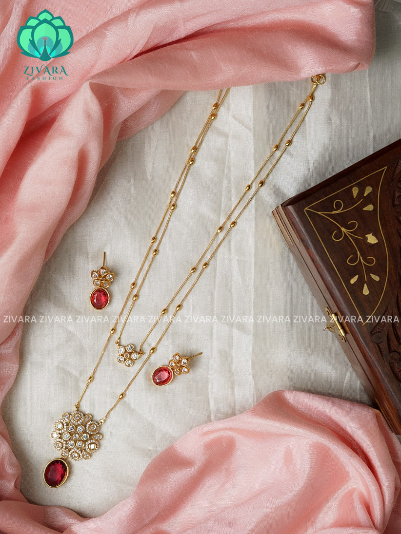 Ruby -Layered colour stone and flower pendant  - stylish and minimal elegant neckwear with earrings- Zivara Fashion