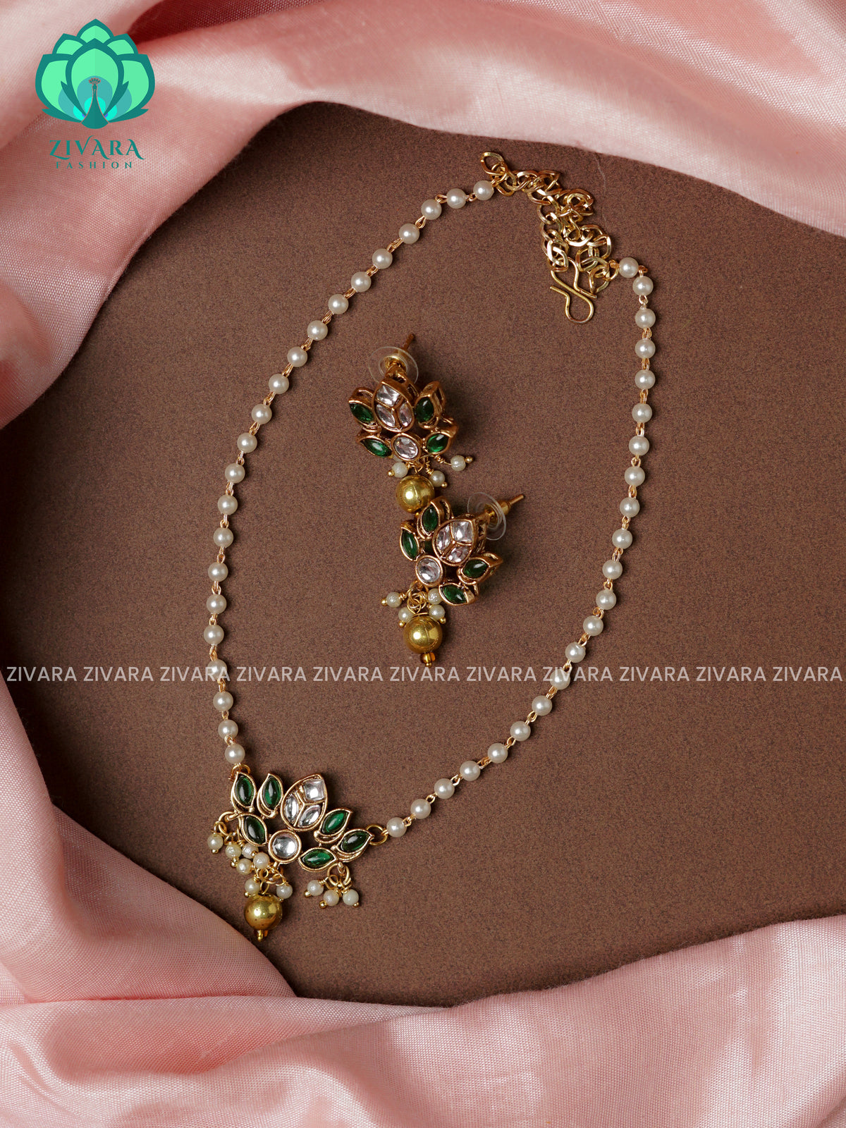 Green Lotus pearl chain -Traditional south indian NORMAL MATTE neckwear with earrings- Zivara Fashion- latest jewellery design